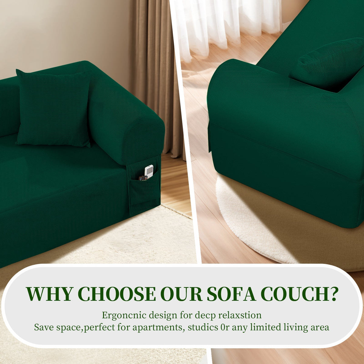 Spring Sofa with High-Quality Fabric in Green