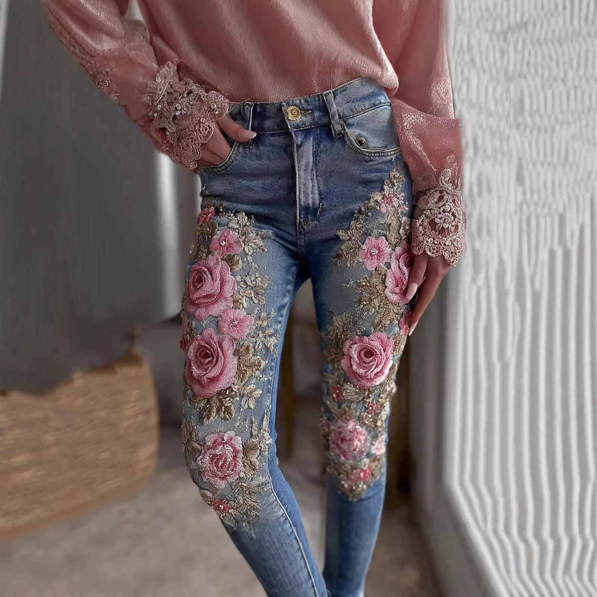 Womens Denim Jeans  Womens Trousers With Colorful 3D Floral Prints