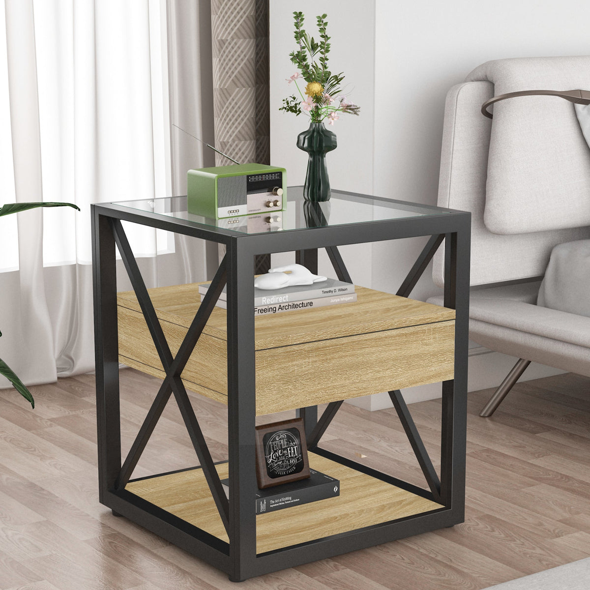 1 Piece Modern End Table with Drawer - Natural Wood & Tempered Glass