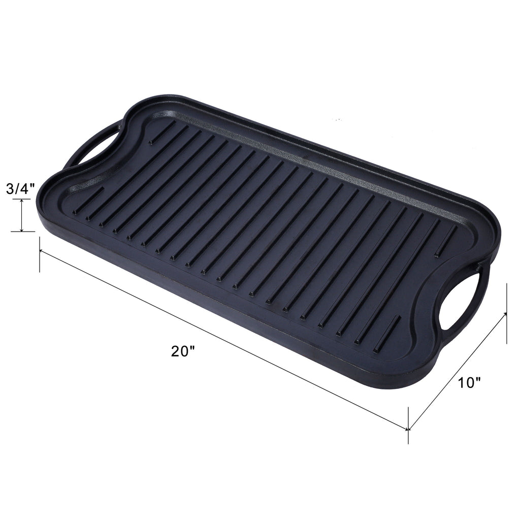 Pre-Seasoned Cast Iron Reversible Rectangular Grill Griddle with Dual-Sided Design - Black