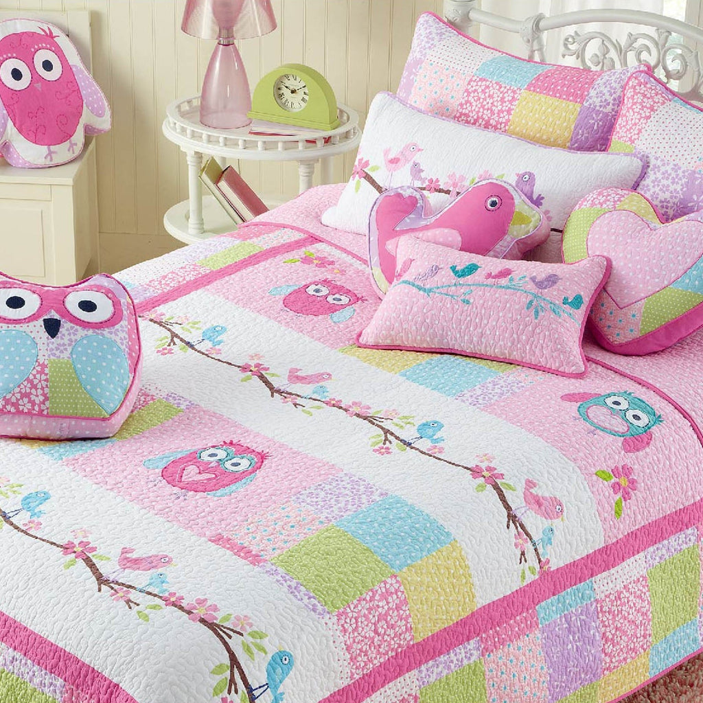 Pink Owl Patchwork Embroidered Heart Novelty Decor Throw Pillow