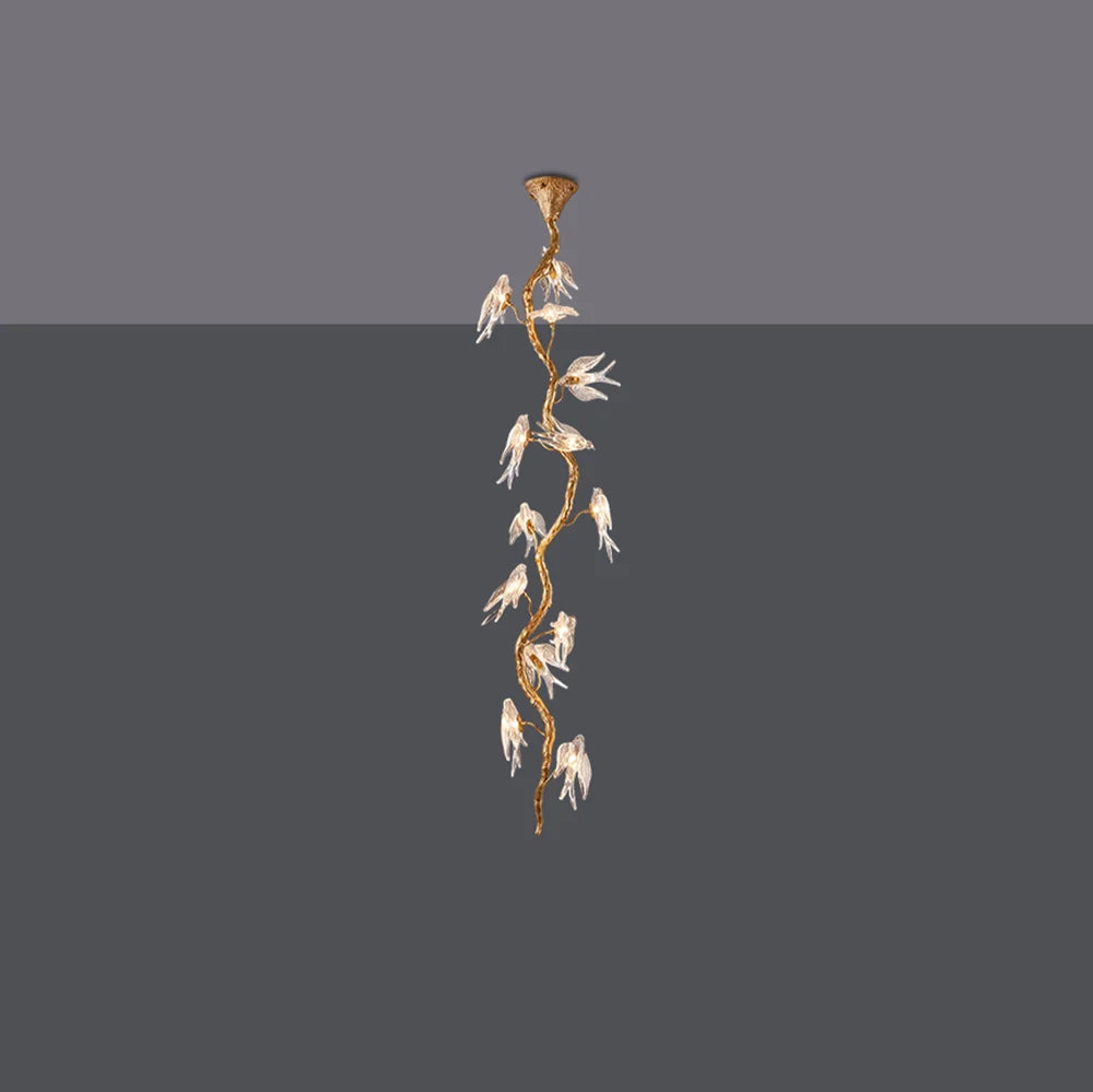 Bird Glass Tree Branch Long Staircase Chandelier