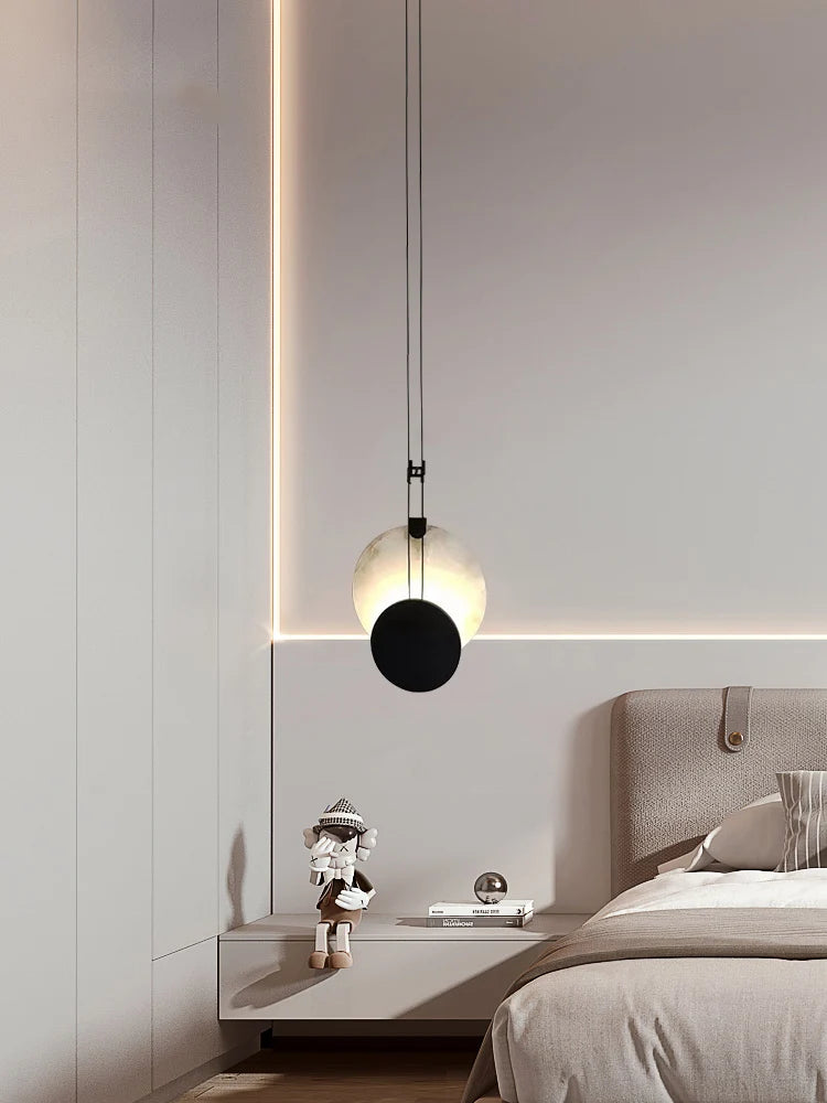 Black Paint Iron Disc Marble Pendant Lamp