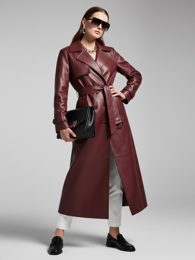 Burgundy Vegan Leather Long Trench Coat - BED-STUY: New Collection COUTURE in BROOKLYN - BYMANYC ® New York