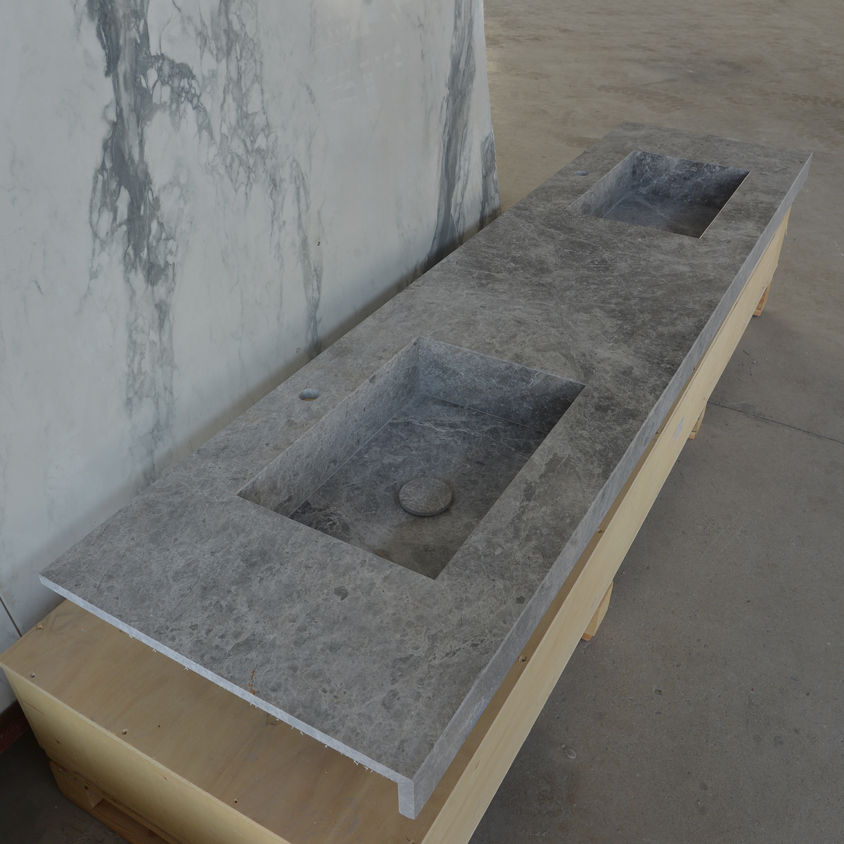 Handcrafted Tundra Grey Marble Double Sink Custom Luxury Spa Master Bathroom Vanity