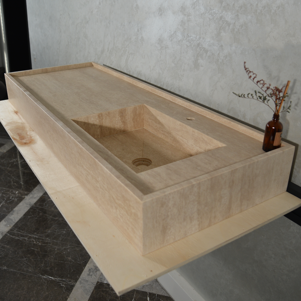 Handcrafted Travertine Bathroom Vanity Sink - Custom Natural Stone Luxury Design