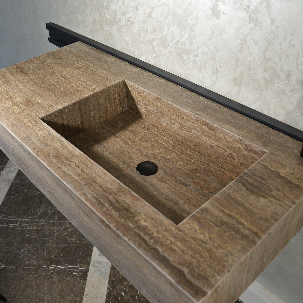 Silver Travertine Natural Stone Handcrafted Bathroom Vanity Sink with Unique Veins