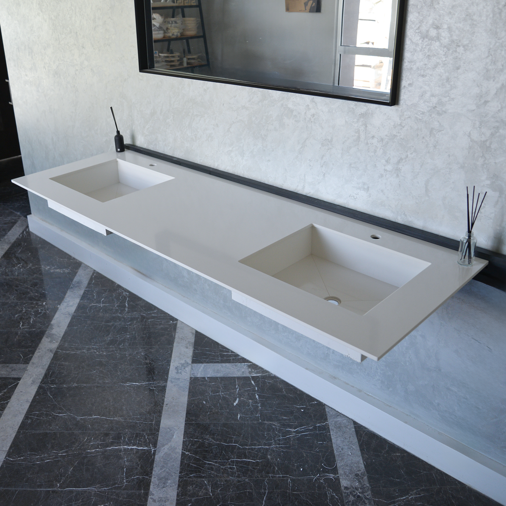 White Quartz Double Sink - Handcrafted Engineered Custom Design