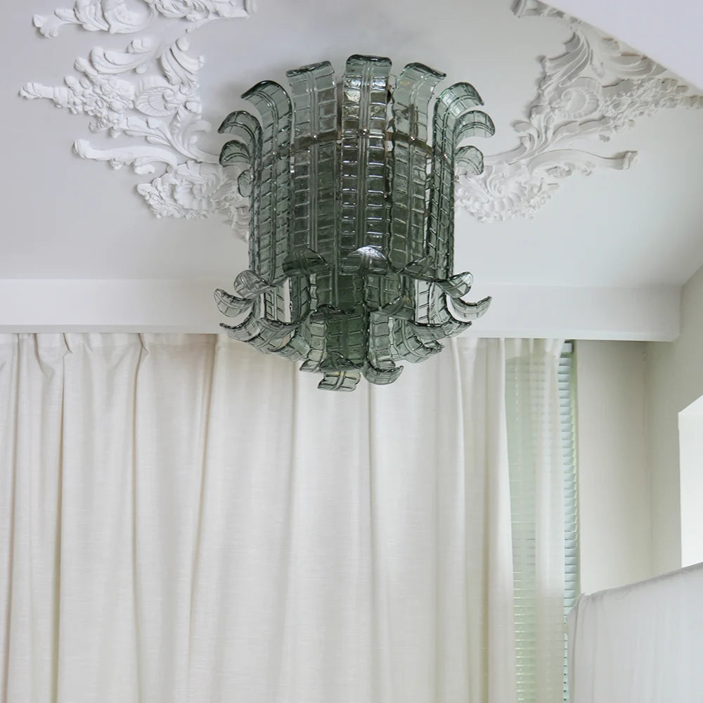 Elegant Murano Leaf Shaped Green Ceiling Lamp