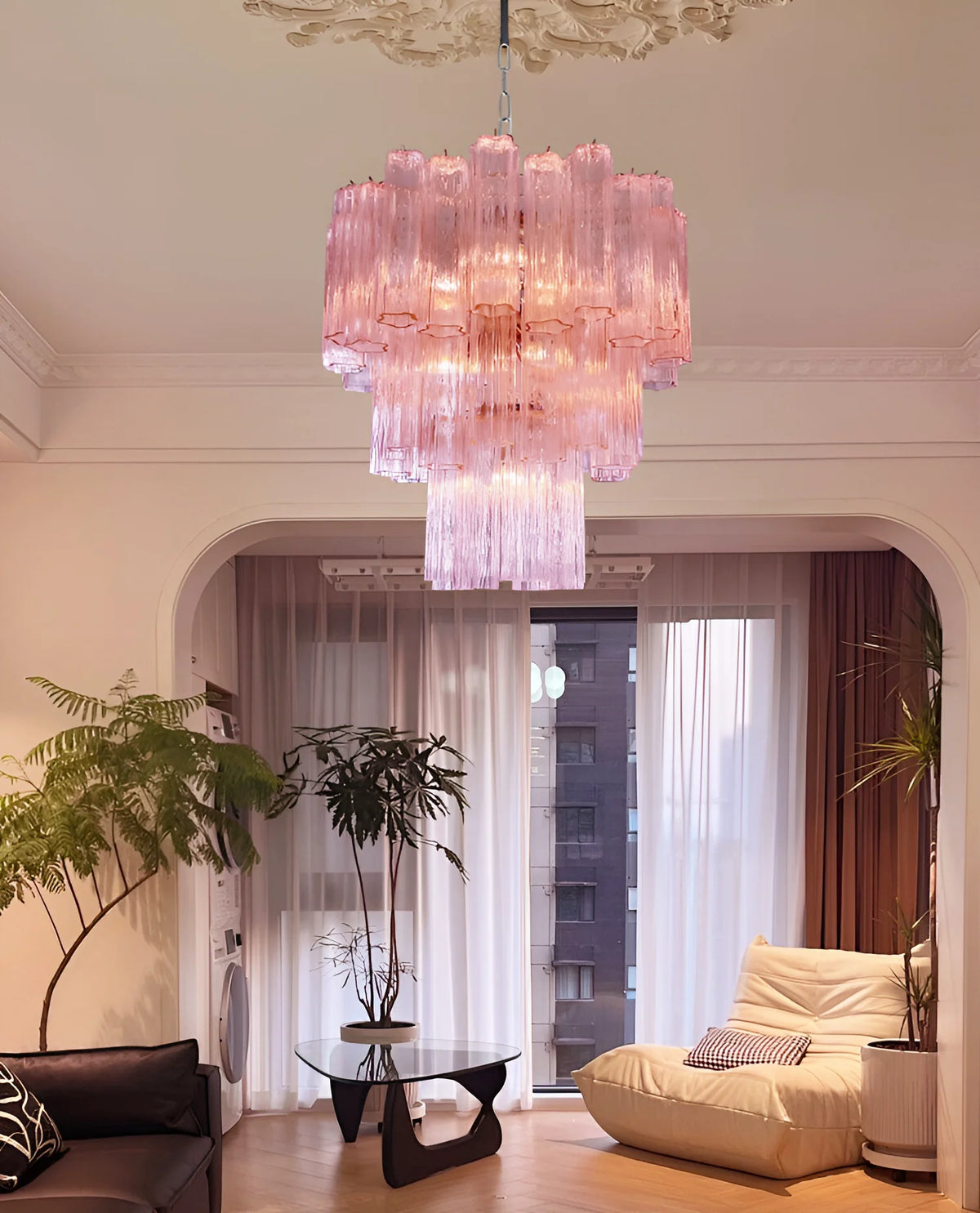 Elegant Pink Murano Glass Tube Chandelier