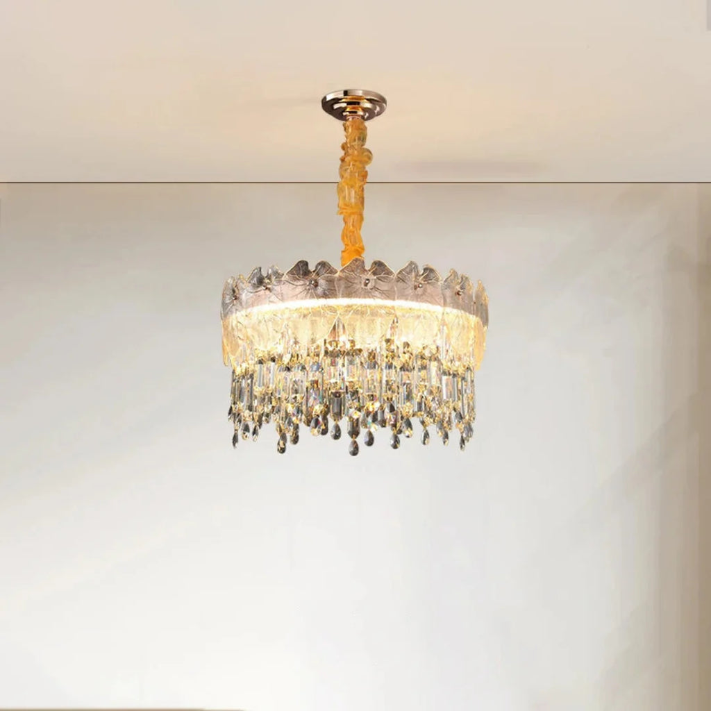 Golden Lotus Leaf Round Crystal Chandelier