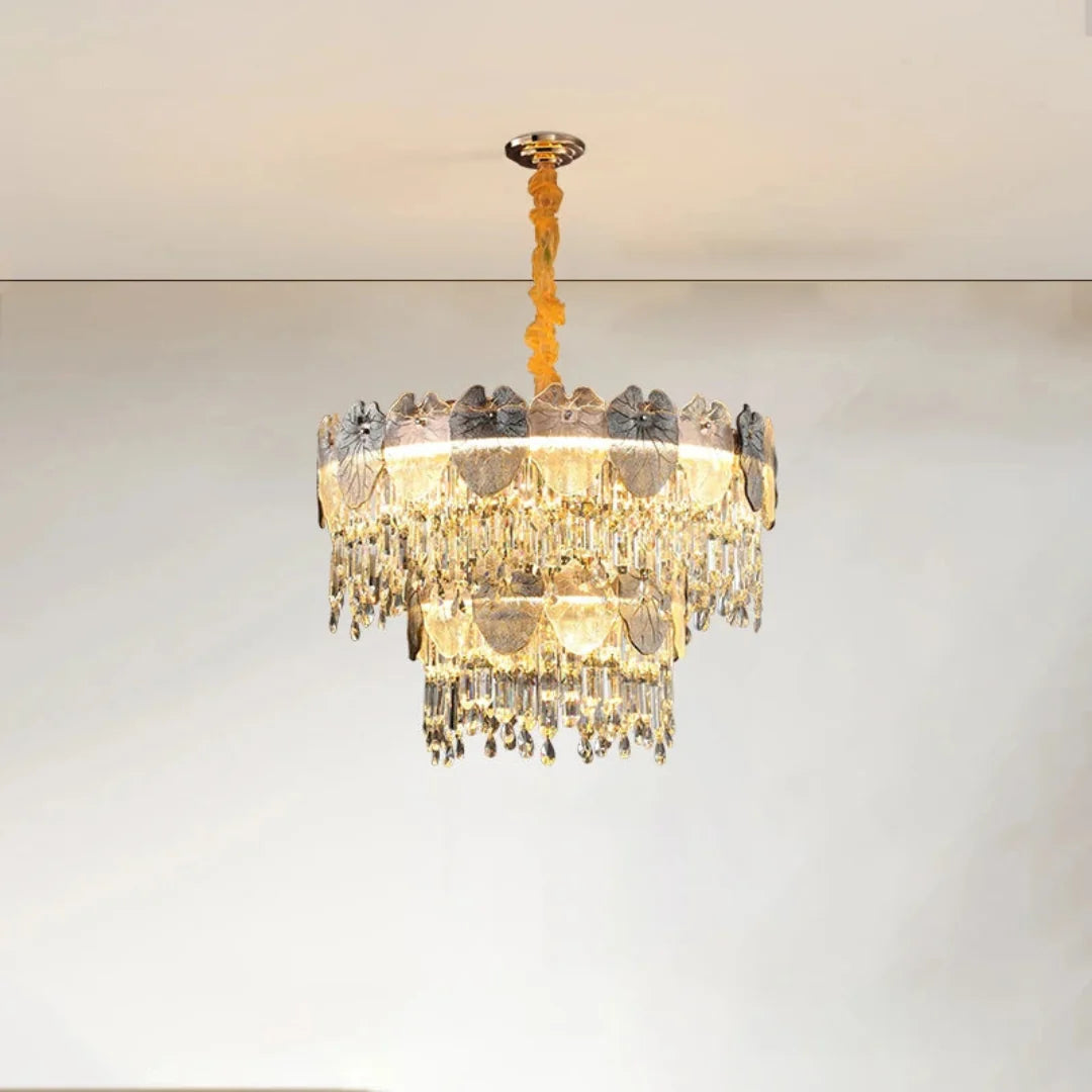 Golden Lotus Leaf Round Crystal Chandelier