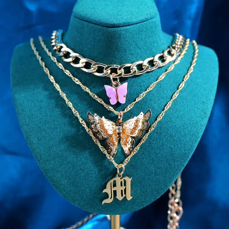 New Multi Layer Butterfly Dragon Charms Crystal Necklaces For Women Punk Golden Angel Letter Clavicle Chain Hiphop Gifts Jewelry
