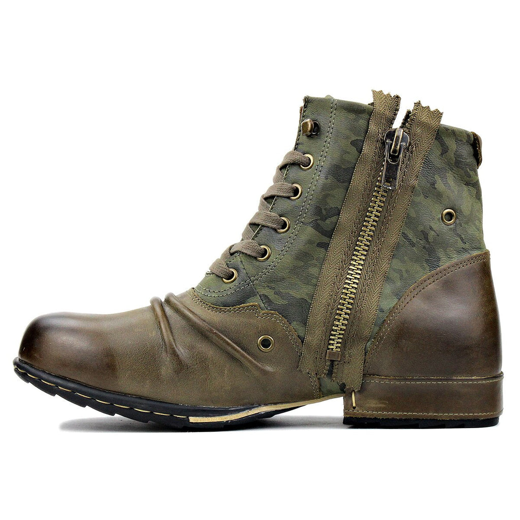 OSSTONE Moto Boots for Men Vintage Zipper-up Retro Leather Chukka Boots Distressed Rock n roll Bike Shoes Punk Boots OS-5008-8-GREN