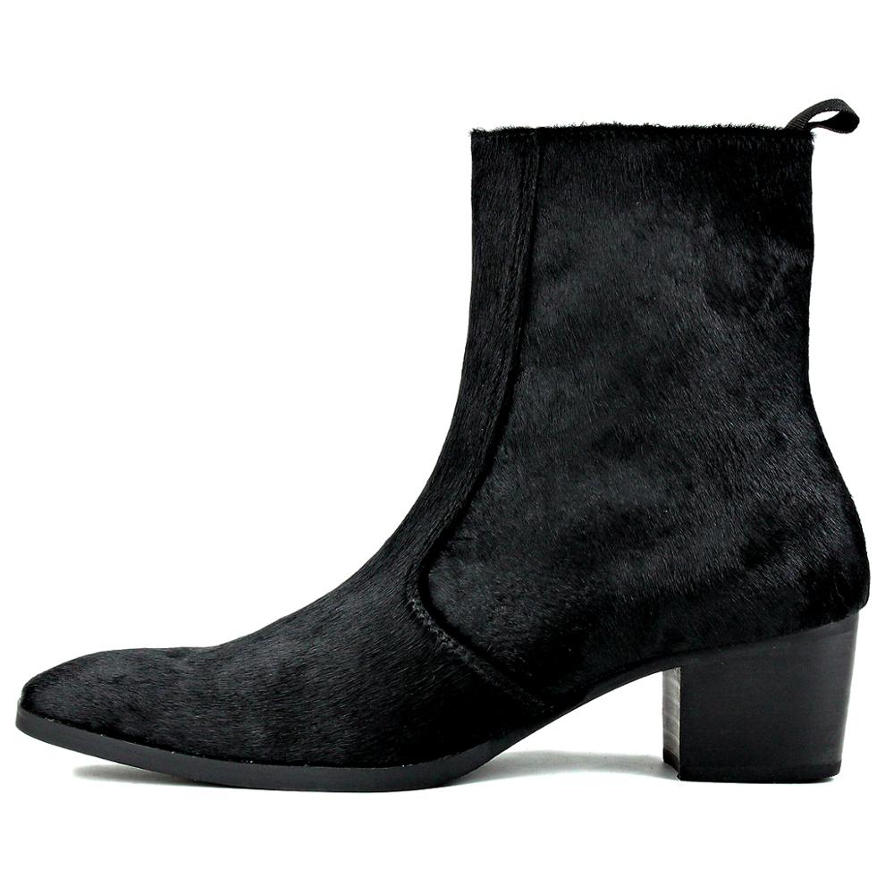 OSSTONE Men Chelsea Ankle Boots Leather Pony Hair Heeled Boots With Side Zipper Cuban Heel Dress Boots Disco Shoes OS-JY021