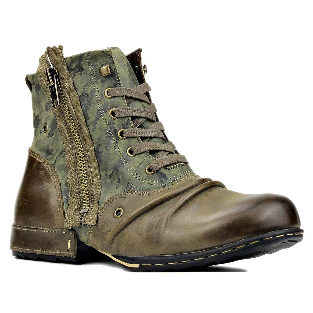 OSSTONE Moto Boots for Men Vintage Zipper-up Retro Leather Chukka Boots Distressed Rock n roll Bike Shoes Punk Boots OS-5008-8-GREN