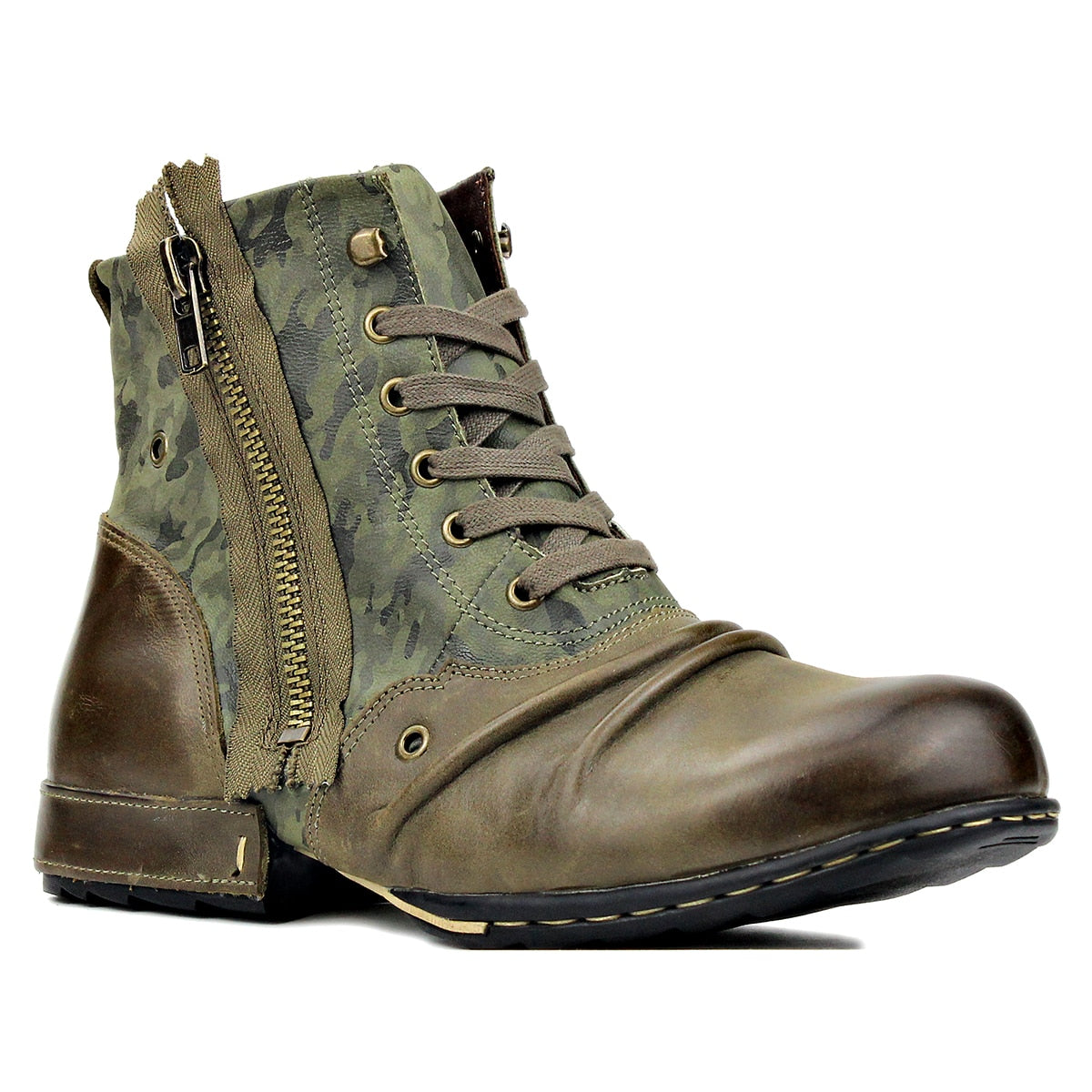 OSSTONE Moto Boots for Men Vintage Zipper-up Retro Leather Chukka Boots Distressed Rock n roll Bike Shoes Punk Boots OS-5008-8-GREN