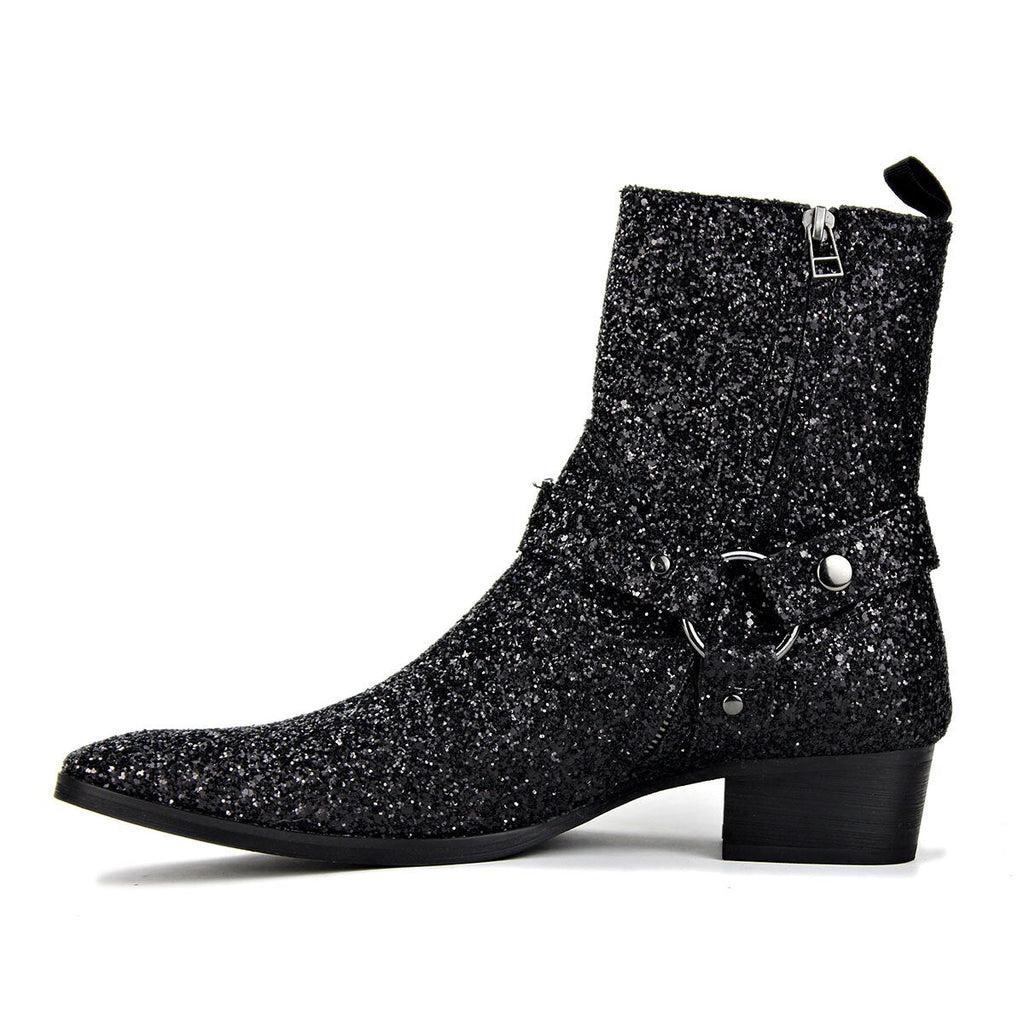 OSSTONE Men Chelsea Ankle Boots Leather Heeled Boots With Side Zipper Cuban Heel Dress Boots Disco Shoes OS-JY015-BLCK
