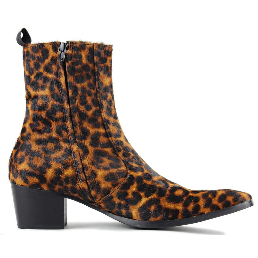 OSSTONE Men Chelsea Ankle Boots Leather Leapord Heeled Boots With Side Zipper Cuban Heel Dress Boots Disco Shoes OS-JY012