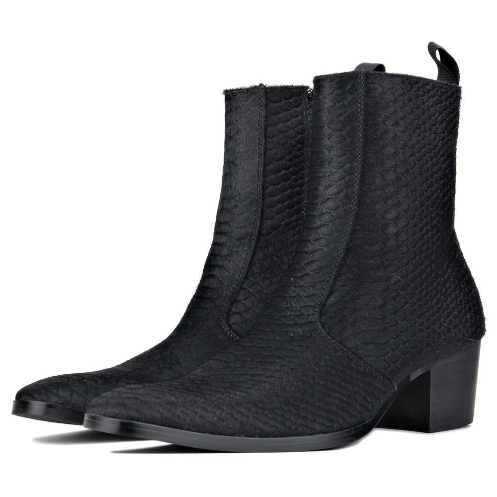 OSSTONE Men Chelsea Ankle Boots Leather Pony Hair Heeled Boots With Side Zipper Cuban Heel Dress Boots Disco Shoes OS-JY021-A