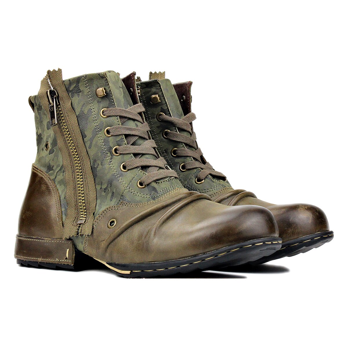OSSTONE Moto Boots for Men Vintage Zipper-up Retro Leather Chukka Boots Distressed Rock n roll Bike Shoes Punk Boots OS-5008-8-GREN