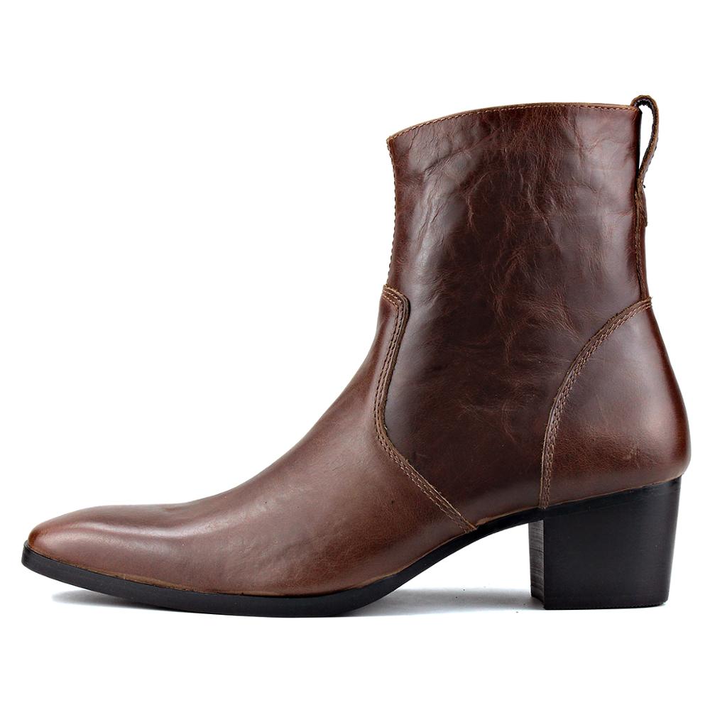 OSSTONE Men Chelsea Ankle Boots Leather Heeled Boots With Side Zipper Cuban Heel Dress Boots Disco Shoes OS-JY002 COFFEE BROWN