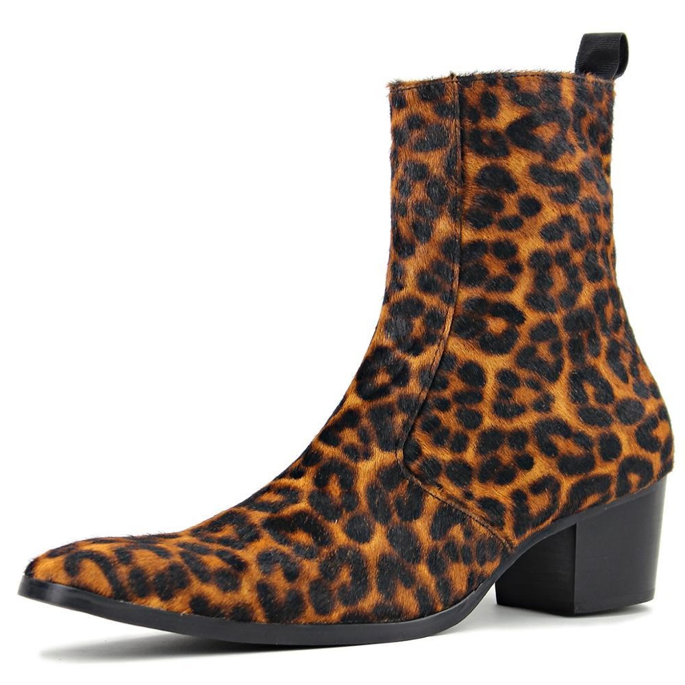 OSSTONE Men Chelsea Ankle Boots Leather Leapord Heeled Boots With Side Zipper Cuban Heel Dress Boots Disco Shoes OS-JY012