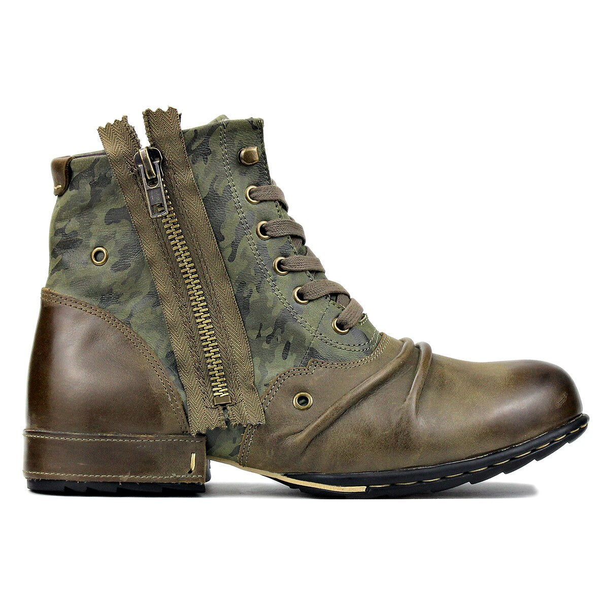 OSSTONE Moto Boots for Men Vintage Zipper-up Retro Leather Chukka Boots Distressed Rock n roll Bike Shoes Punk Boots OS-5008-8-GREN