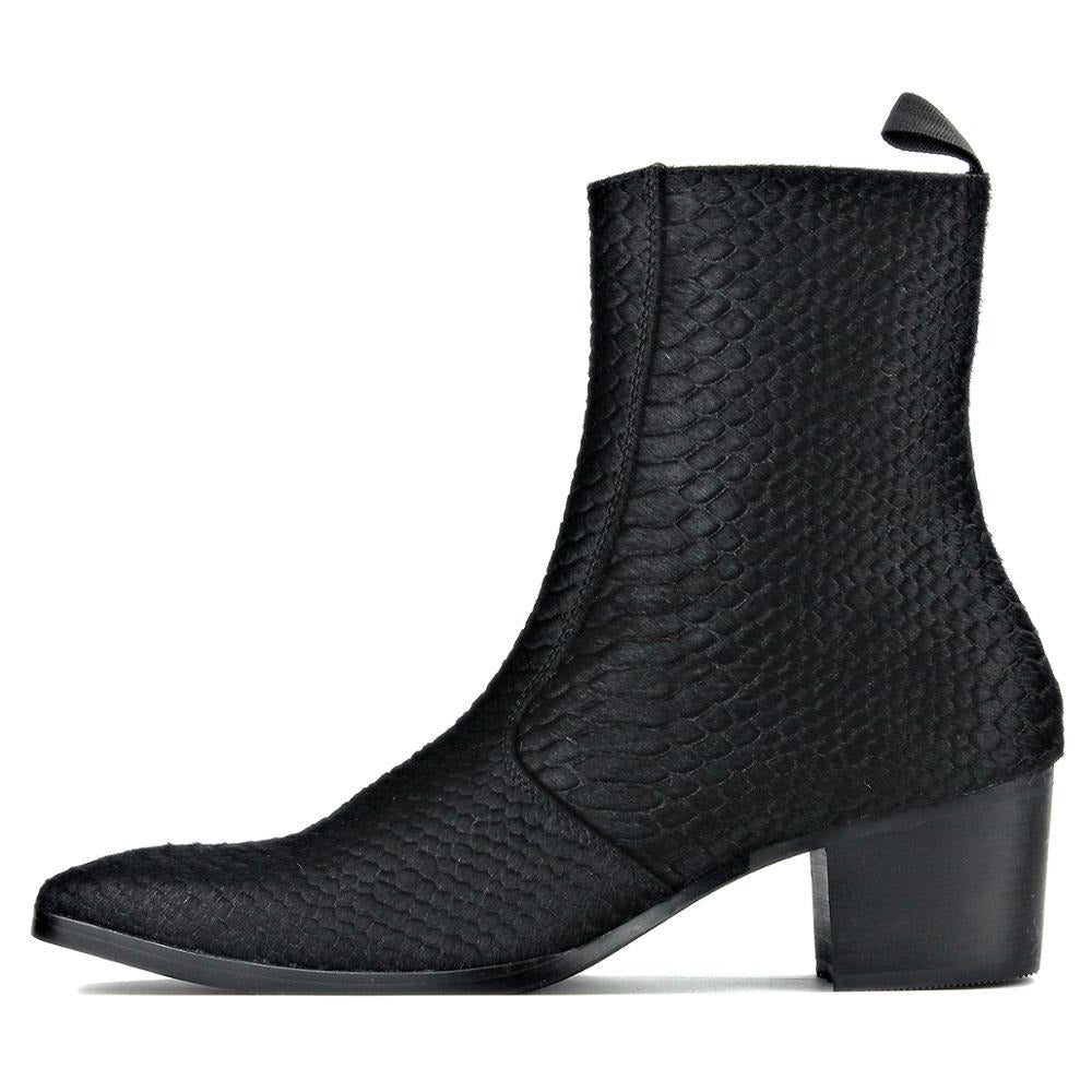 OSSTONE Men Chelsea Ankle Boots Leather Pony Hair Heeled Boots With Side Zipper Cuban Heel Dress Boots Disco Shoes OS-JY021-A