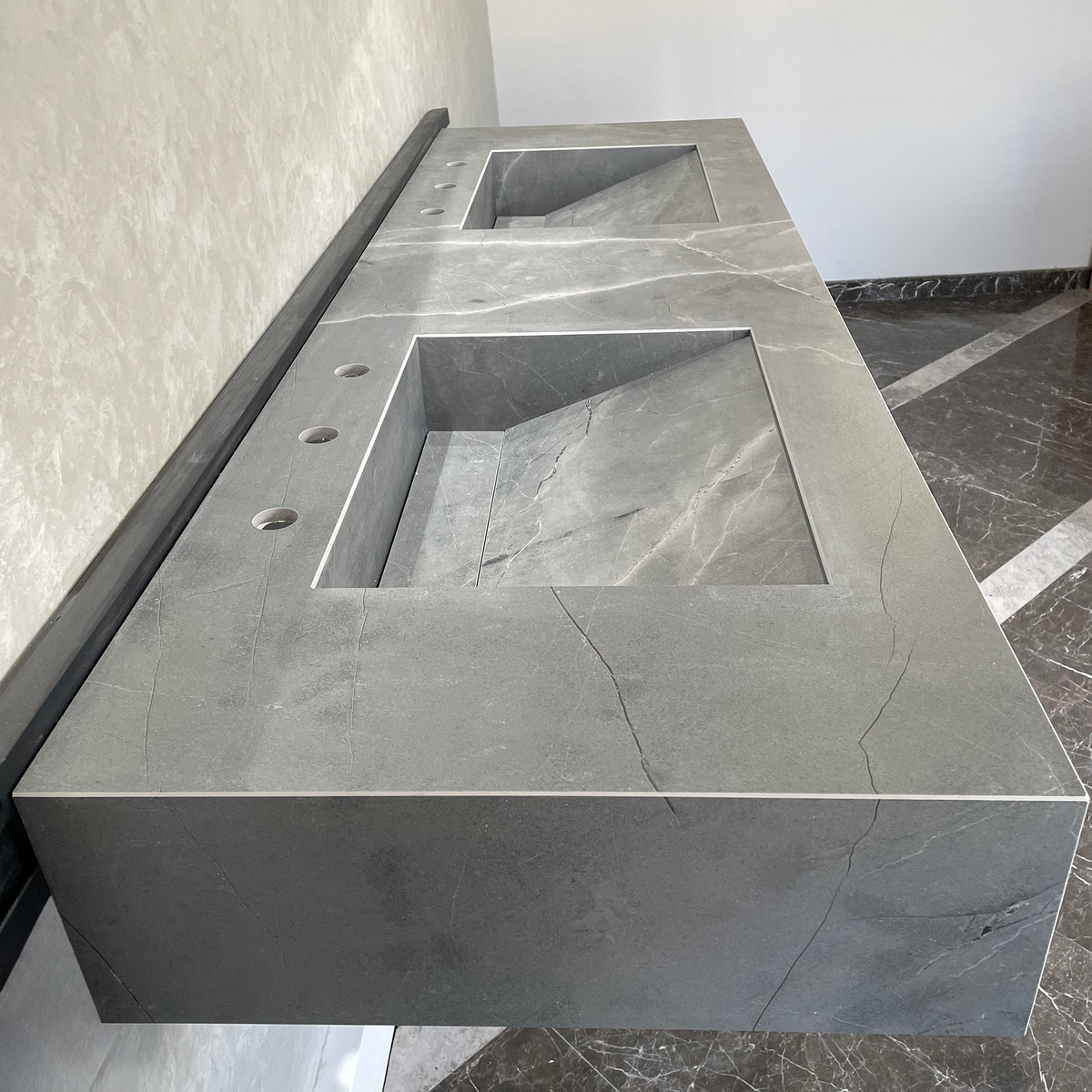 Armani Grey Engineered Porcelain Double Sink Handcrafted with Modern Marble Aesthetics