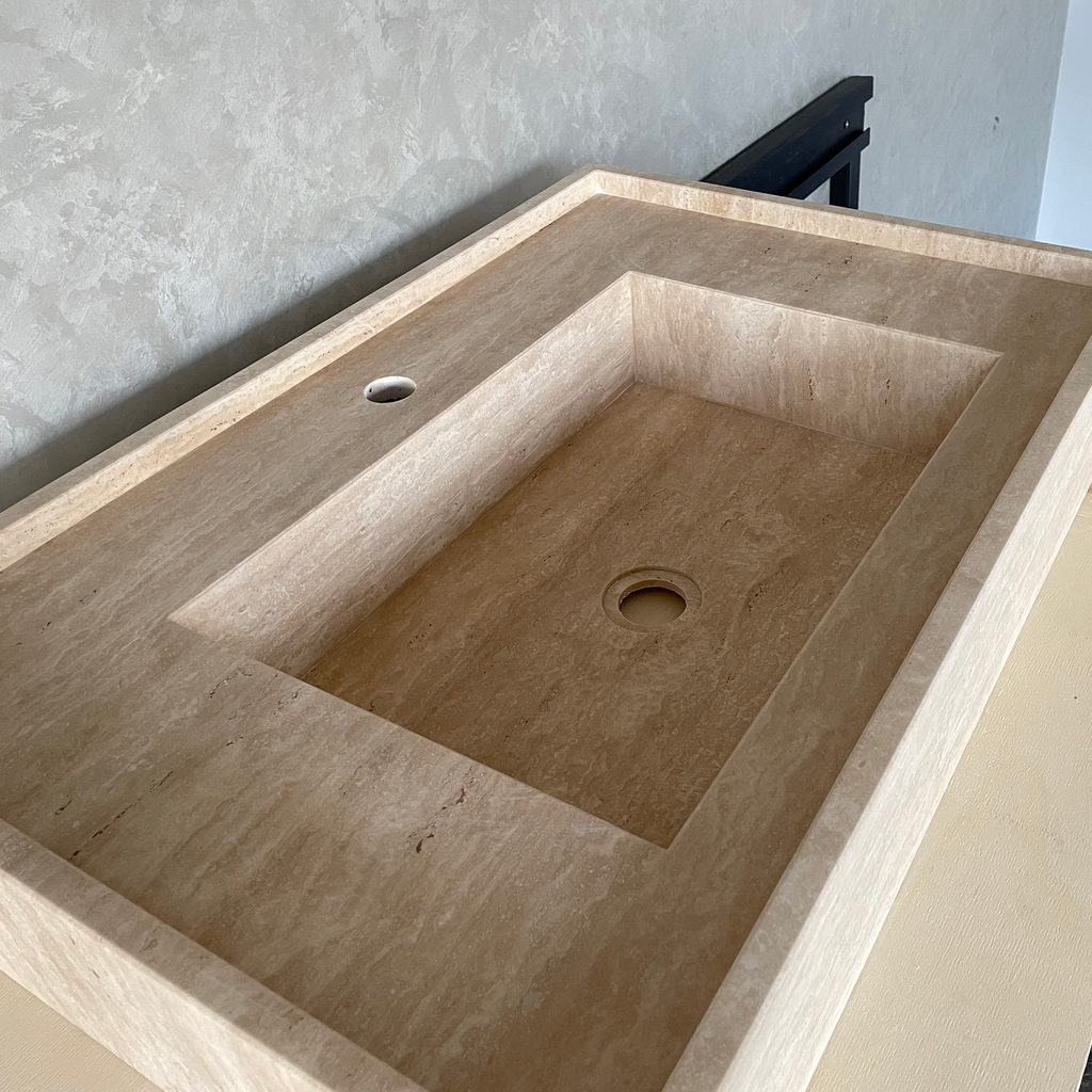 Travertine Handcrafted Vein-Cut Beige Custom Bathroom Sink Basin