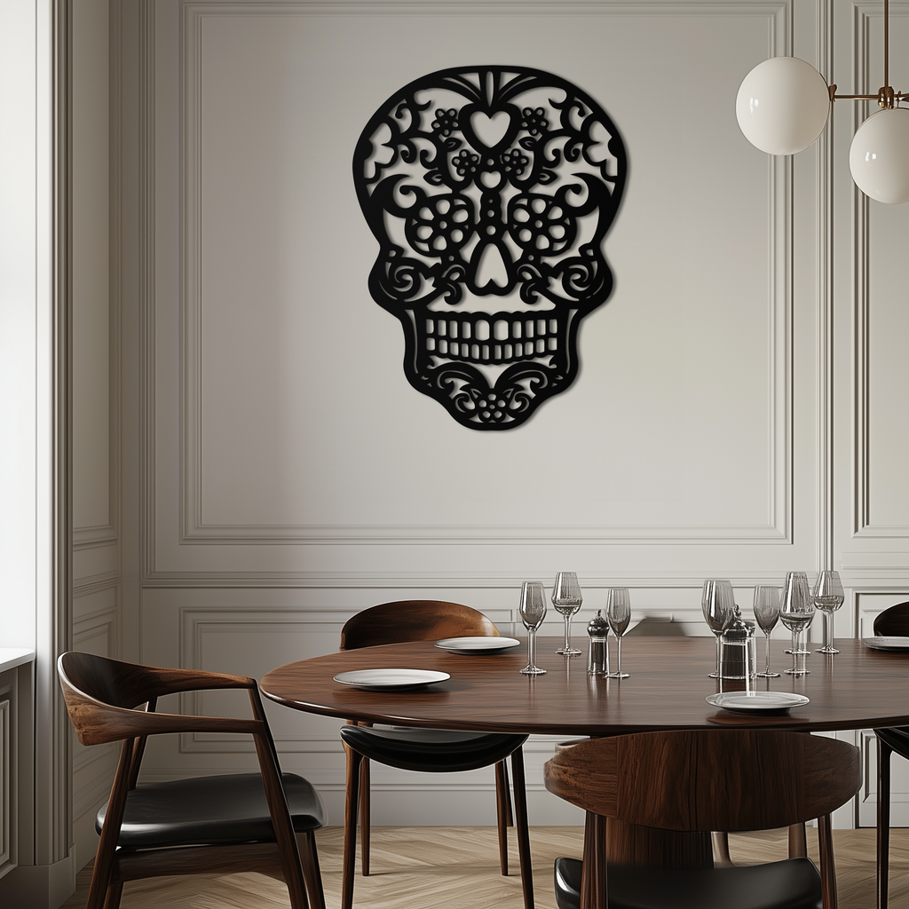 Metal Floral Skull Wall Art - Intricate Gothic Halloween Decor
