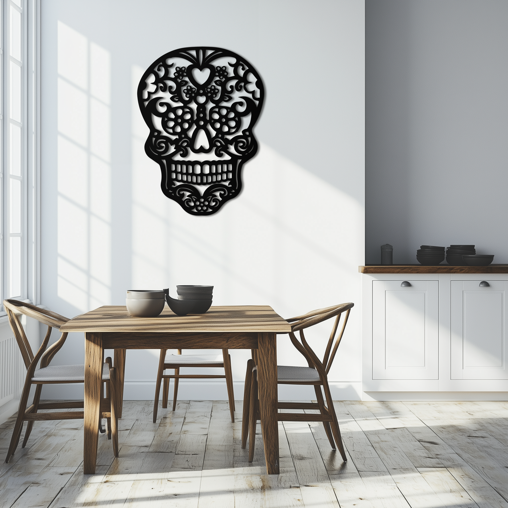 Metal Floral Skull Wall Art - Intricate Gothic Halloween Decor