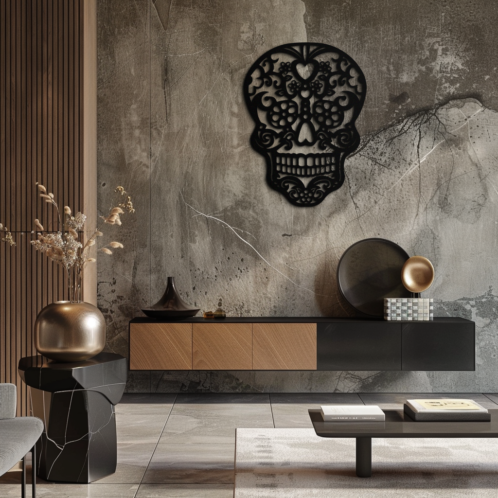 Metal Floral Skull Wall Art - Intricate Gothic Halloween Decor