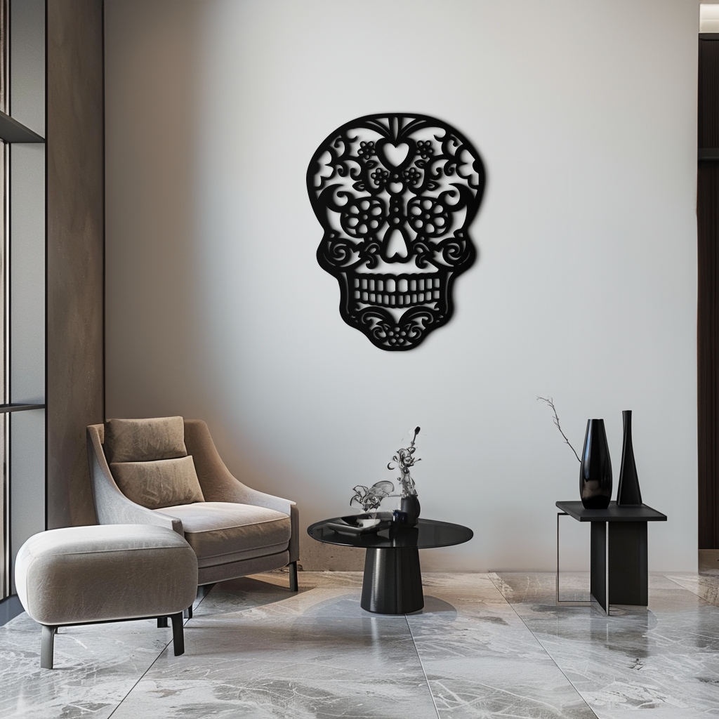 Metal Floral Skull Wall Art - Intricate Gothic Halloween Decor