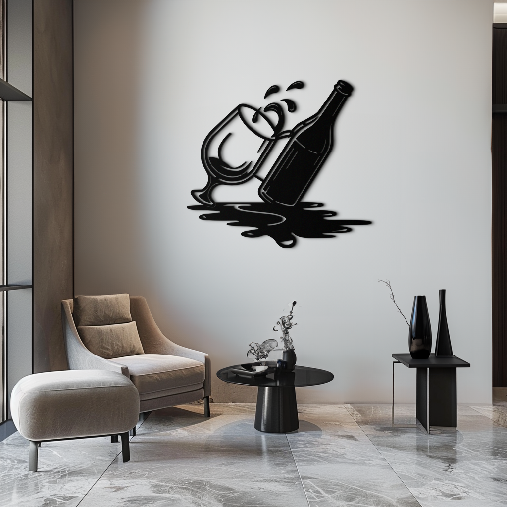 Metal Wine Bottle and Glass Wall Art - Modern Pour and Splash Effect for Kitchen and Bar