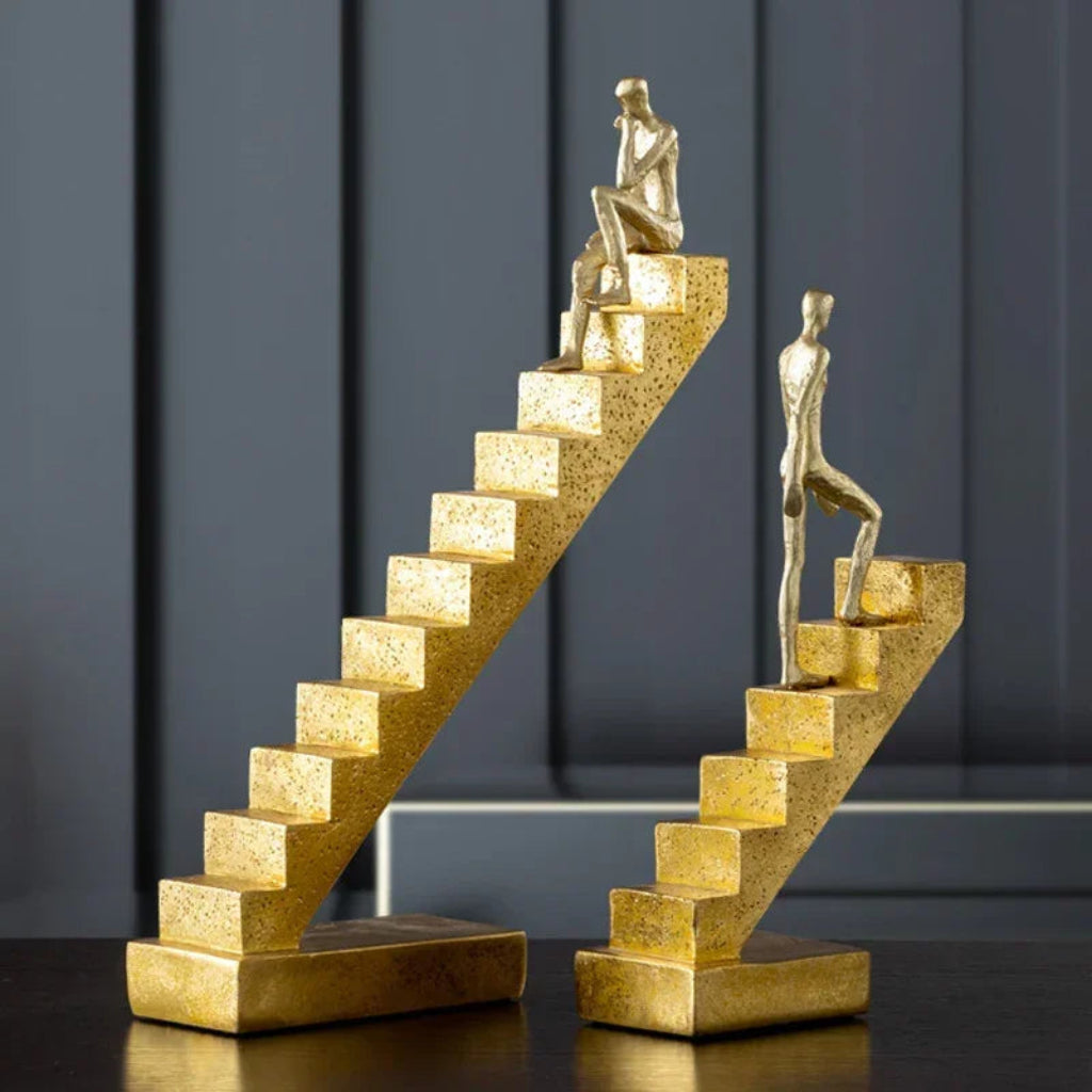 Modern Golden Staircase Climbing Human Sculpture | Luxury Resin Table Decor