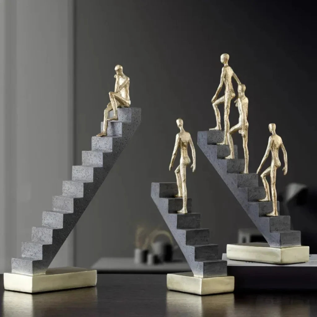 Modern Golden Staircase Climbing Human Sculpture | Luxury Resin Table Decor