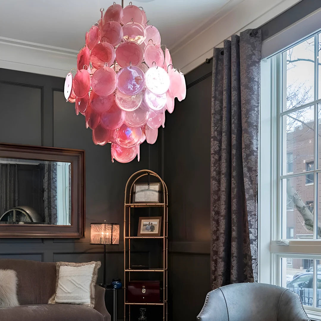 Huge Vintage Murano Pink Disks Chandelier