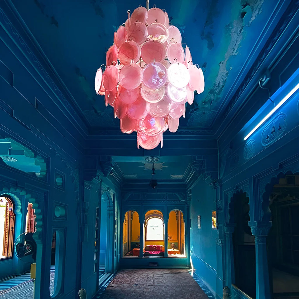 Huge Vintage Murano Pink Disks Chandelier