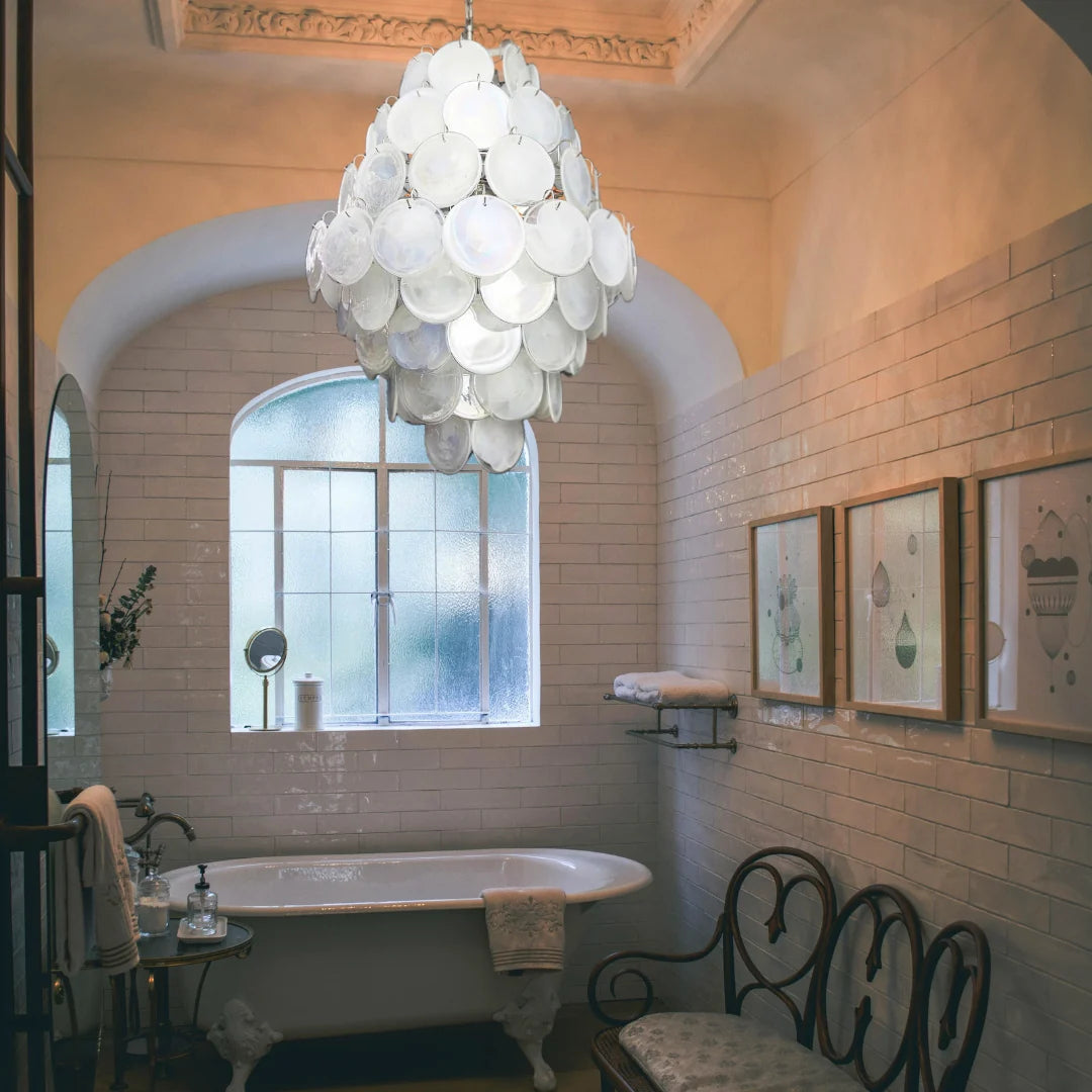 Huge Vintage Murano White Disks Chandelier