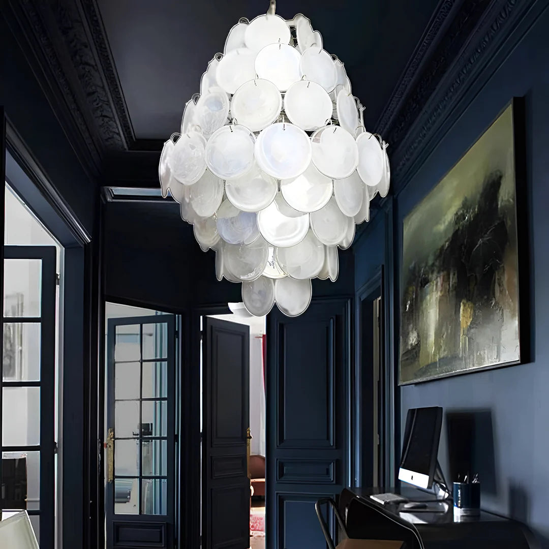 Huge Vintage Murano White Disks Chandelier