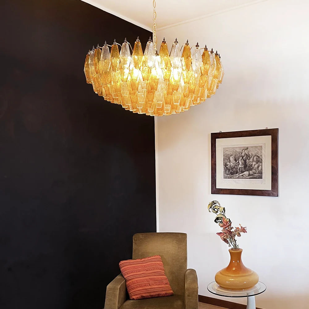 Murano Faceted Transparent Amber Glass Chandelier