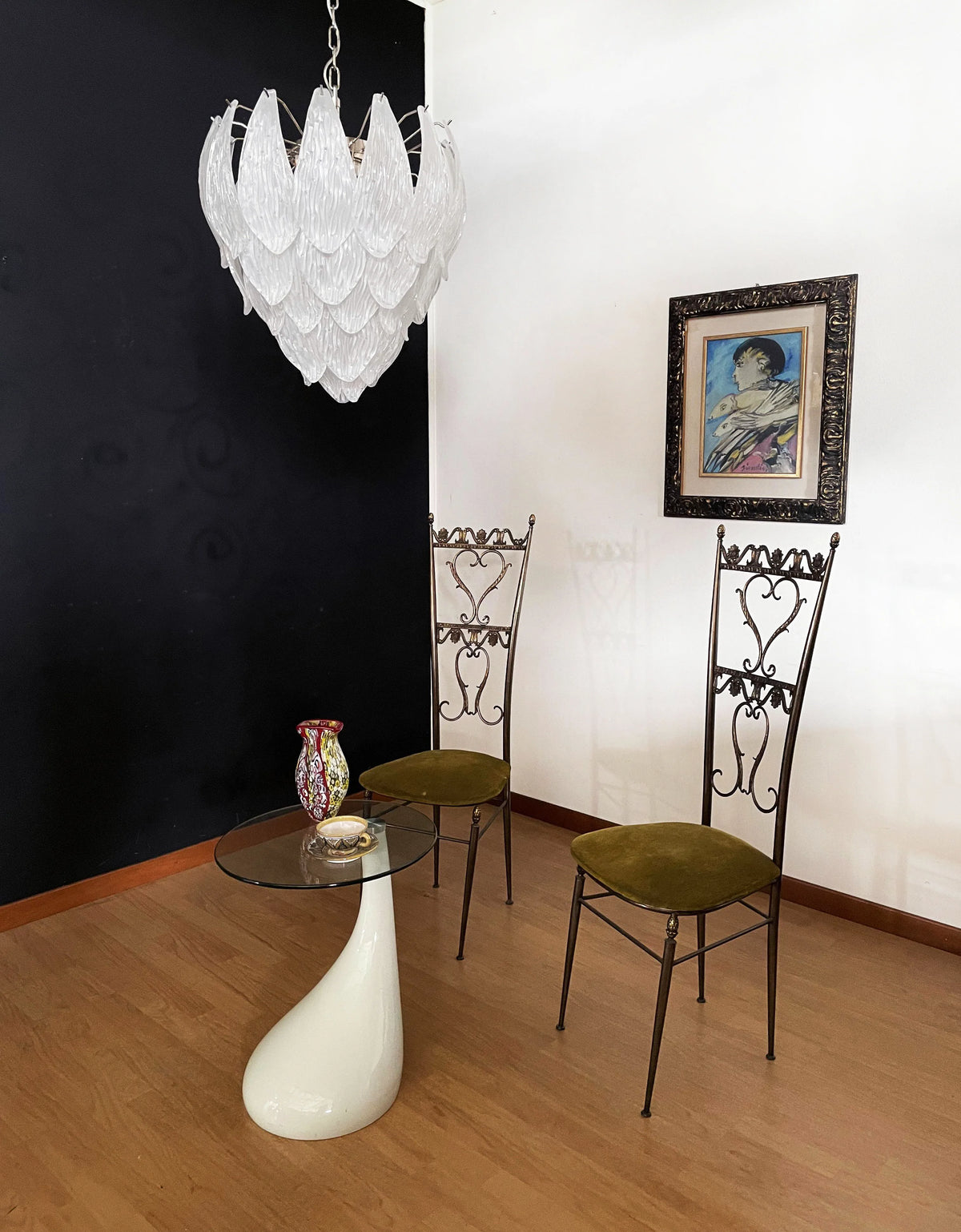 Murano Frosted Carved Glass Leaves Chandelier