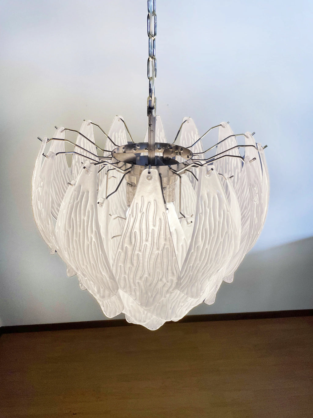 Murano Frosted Carved Glass Leaves Chandelier