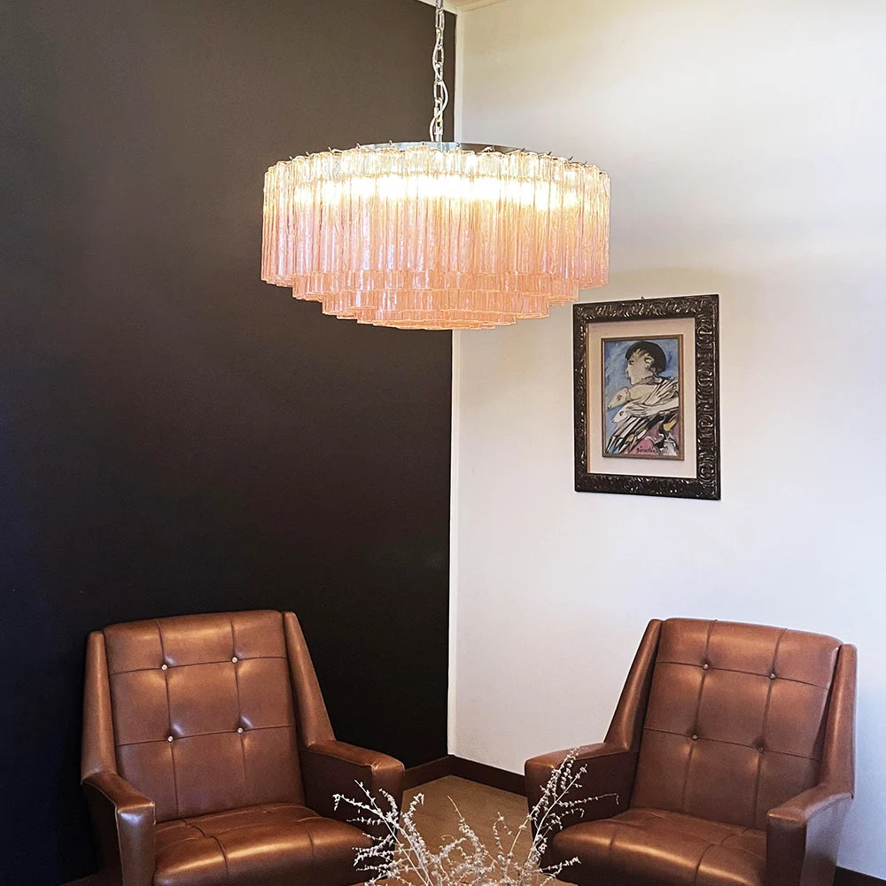 Murano Large Pink Glass Tube Chandelier