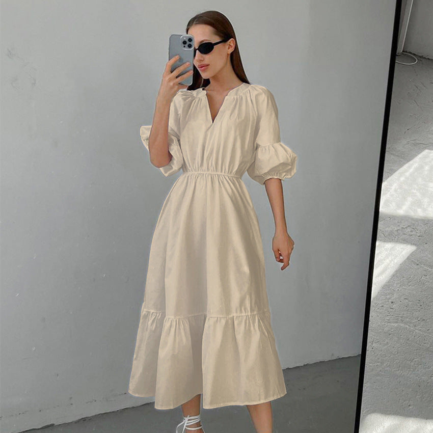 Summer Office Klein Blue Puff Sleeve High Waist A- line Dress Fashionable Simple Women Dress