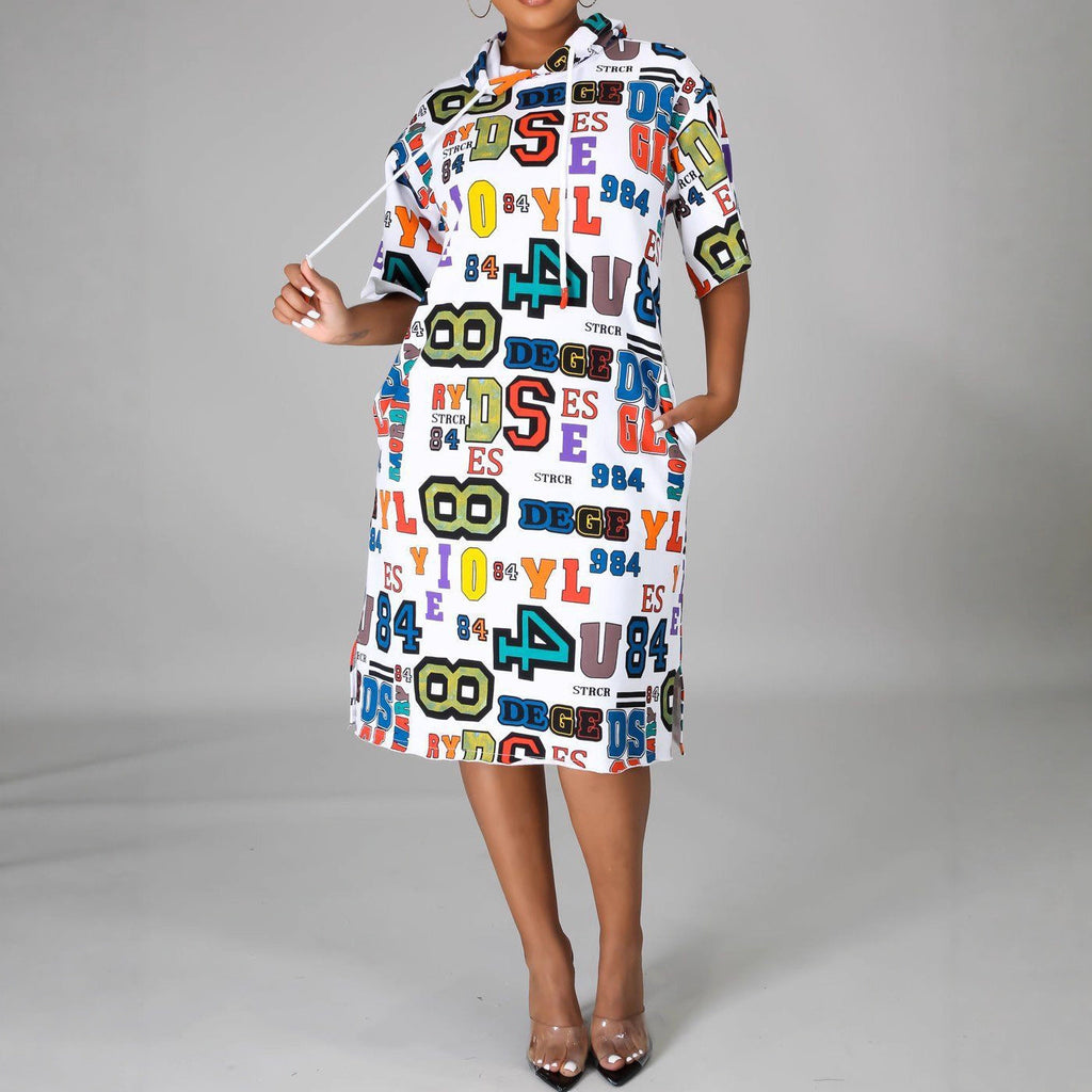 Women Casual Loose Letter Graphic Print Hooded Dress