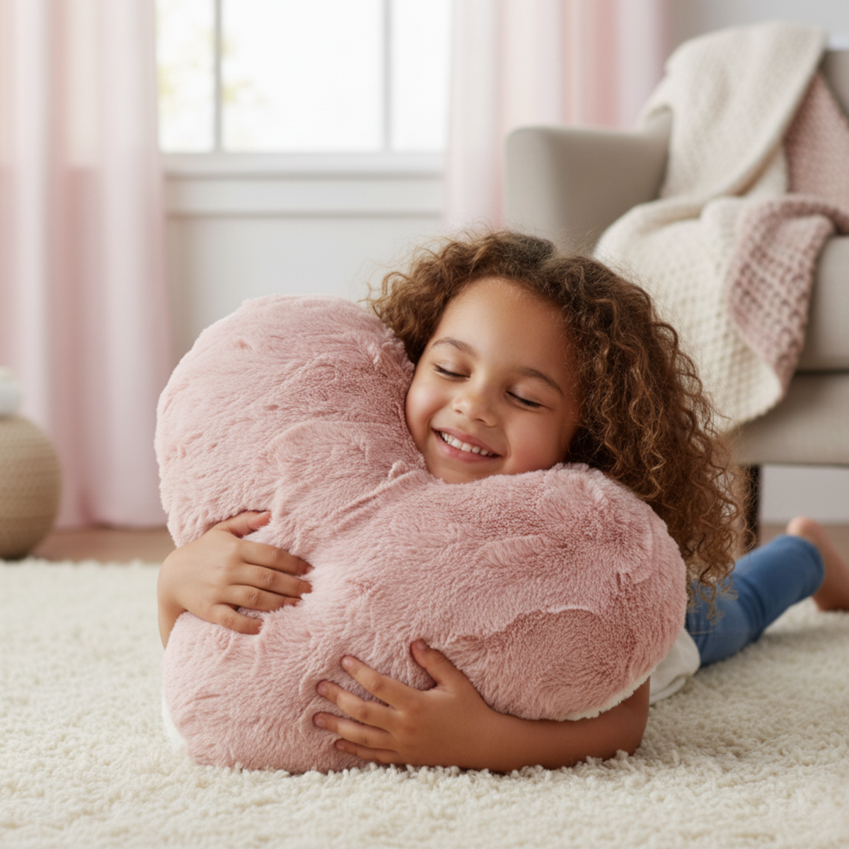 Tache Faux Fur Pink White Heart Shape Throw Pillow (#7)