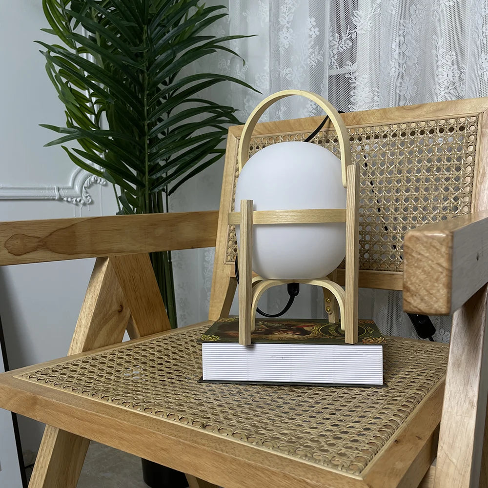Portable Wood Lantern Glass Table Lamp